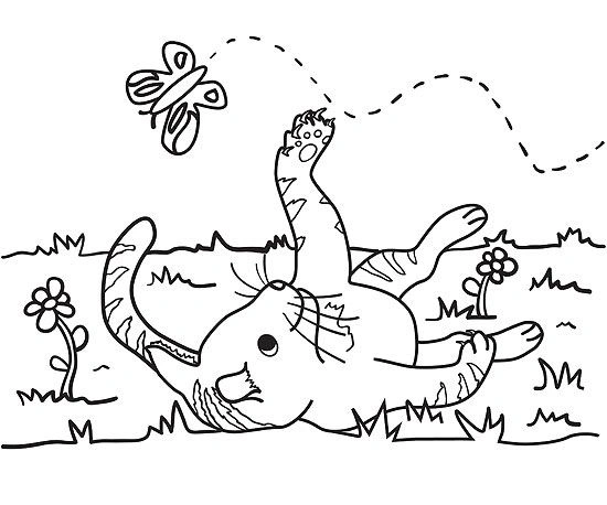 Coloring page kitten playing with a butterfly